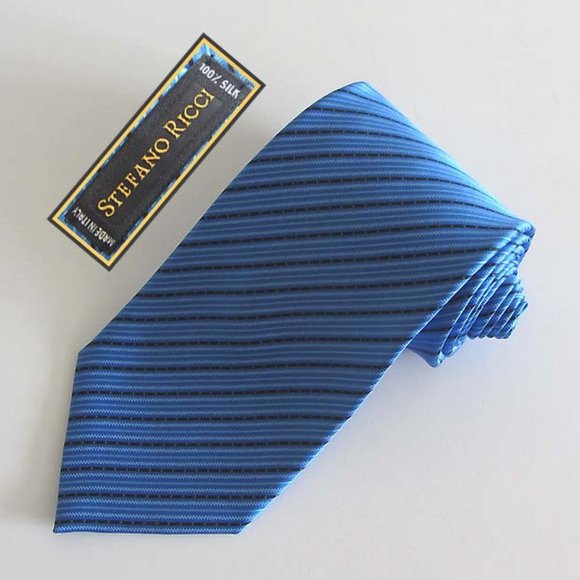 STEFANO RICCI blue/blk striped neck tie 100% silk - Picture 1 of 5